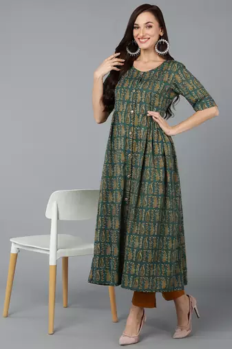 women green cotton paisley printed a-line kurta