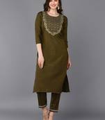 women olive silk blend solid embroidered straight kurta