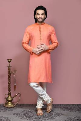 Orange plain cotton silk kurta pajama 1