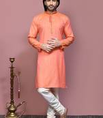 Orange plain cotton silk kurta pajama