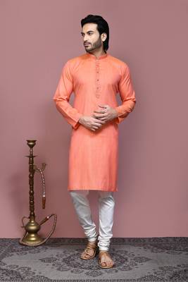 Orange plain cotton silk kurta pajama 1