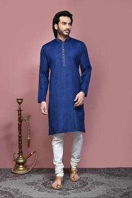 Blue plain cotton silk kurta pajama 1