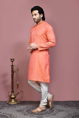 Orange plain cotton silk kurta pajama 2