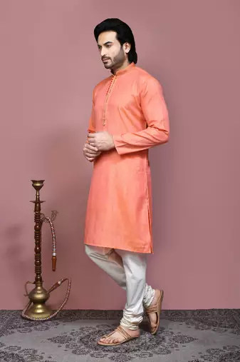 Orange plain cotton silk kurta pajama