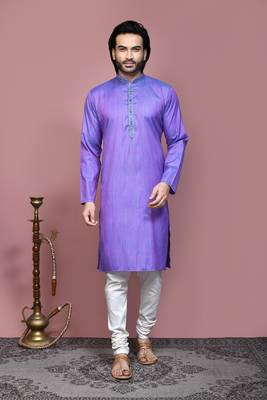 Purple plain cotton silk kurta pajama 1