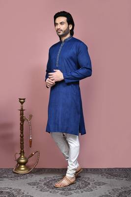 Blue plain cotton silk kurta pajama 2