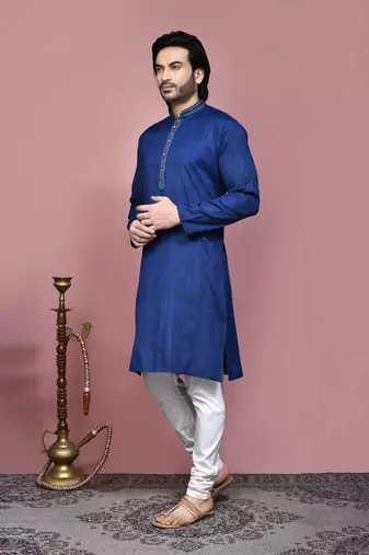 Blue plain cotton silk kurta pajama