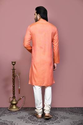 Orange plain cotton silk kurta pajama 3
