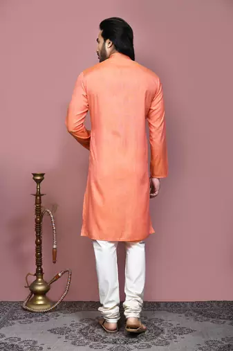 Orange plain cotton silk kurta pajama