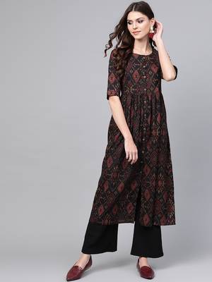 women black rayon blend ethnic motifs printed a-line kurta 1
