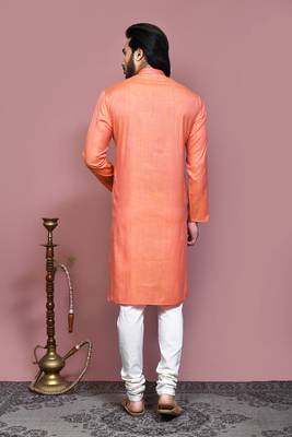Orange plain cotton silk kurta pajama 3