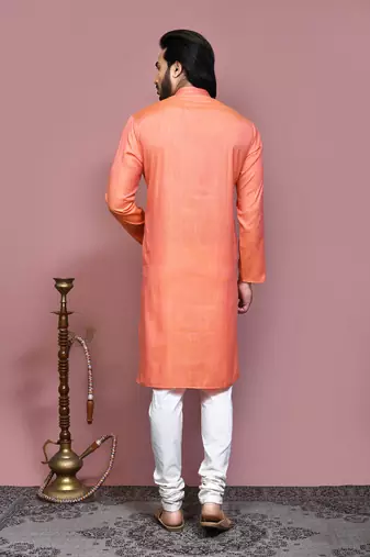 Orange plain cotton silk kurta pajama