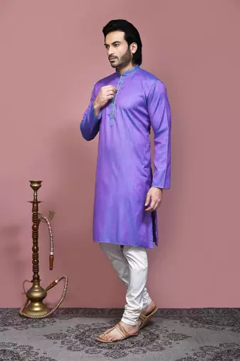Purple plain cotton silk kurta pajama