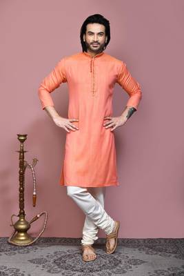 Orange plain cotton silk kurta pajama 4