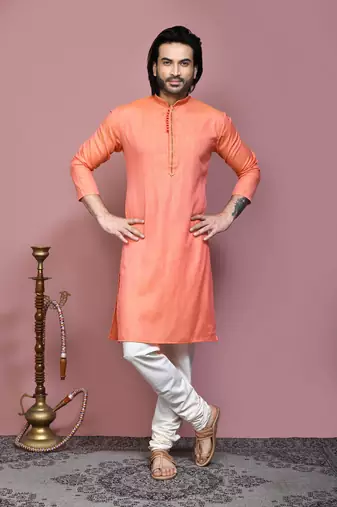 Orange plain cotton silk kurta pajama