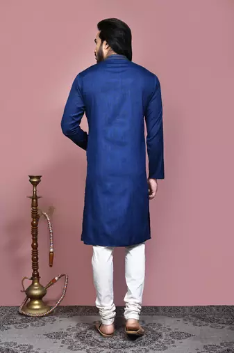 Blue plain cotton silk kurta pajama