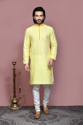 Yellow woven art silk kurta pajama 1