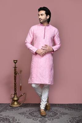 Pink woven art silk kurta pajama 1