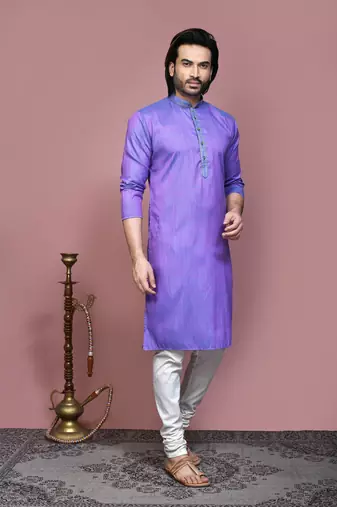 Purple plain cotton silk kurta pajama