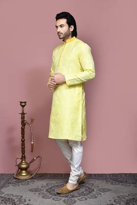 Yellow woven art silk kurta pajama 2