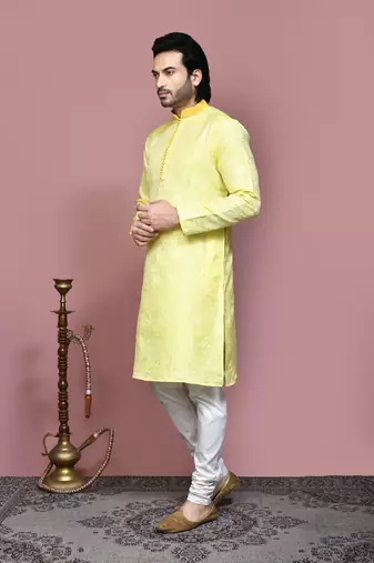 Yellow woven art silk kurta pajama