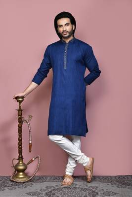 Blue plain cotton silk kurta pajama 4