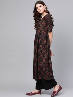 women black rayon blend ethnic motifs printed a-line kurta 3