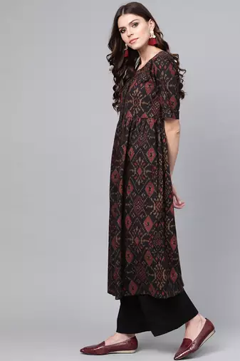 women black rayon blend ethnic motifs printed a-line kurta