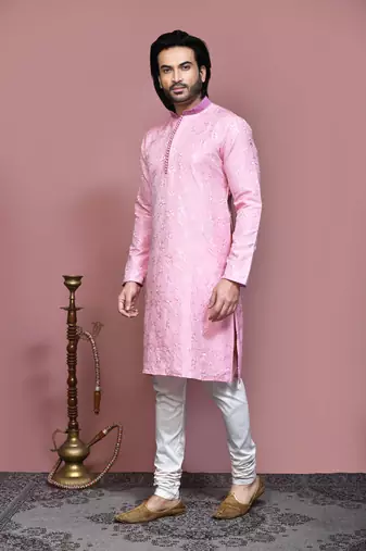 Pink woven art silk kurta pajama