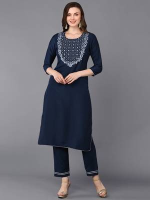 women navy blue silk blend solid embroidered straight kurta 1
