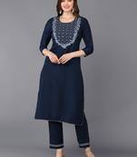 women navy blue silk blend solid embroidered straight kurta