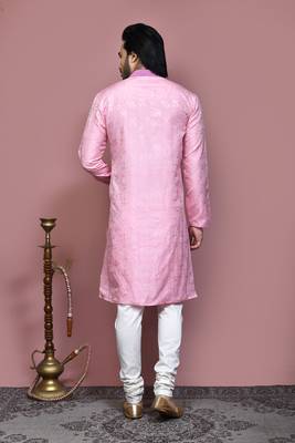 Pink woven art silk kurta pajama 3