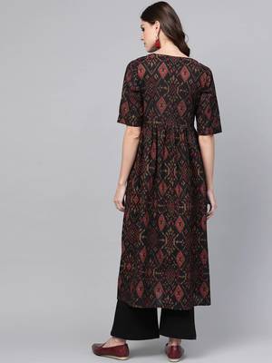 women black rayon blend ethnic motifs printed a-line kurta 4