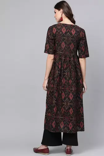 women black rayon blend ethnic motifs printed a-line kurta