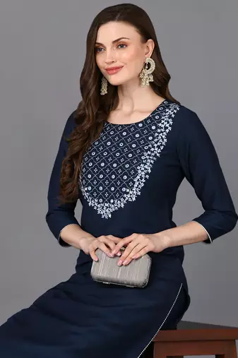 women navy blue silk blend solid embroidered straight kurta