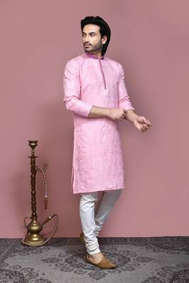 Pink woven art silk kurta pajama 4