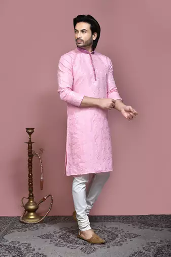 Pink woven art silk kurta pajama