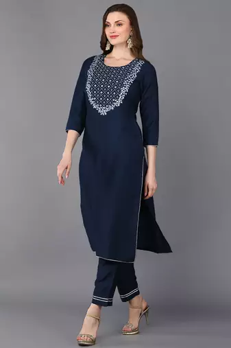 women navy blue silk blend solid embroidered straight kurta