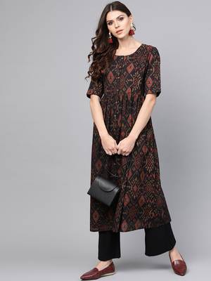women black rayon blend ethnic motifs printed a-line kurta 5
