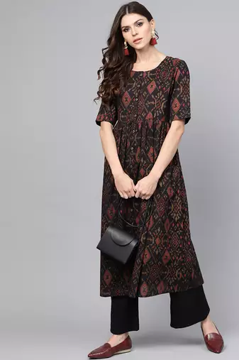 women black rayon blend ethnic motifs printed a-line kurta