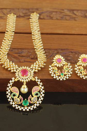 Designer gold plated cz peacock necklace set