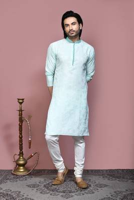 Green woven art silk kurta pajama 4