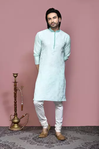Green woven art silk kurta pajama