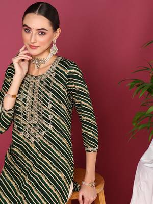 women green viscose rayon leheriya embroidered straight kurta 1