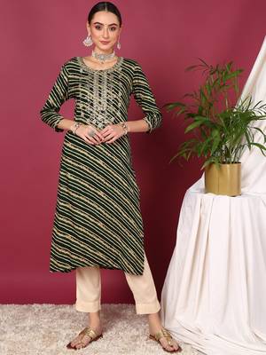 women green viscose rayon leheriya embroidered straight kurta 2