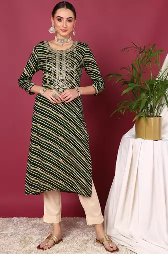 women green viscose rayon leheriya embroidered straight kurta
