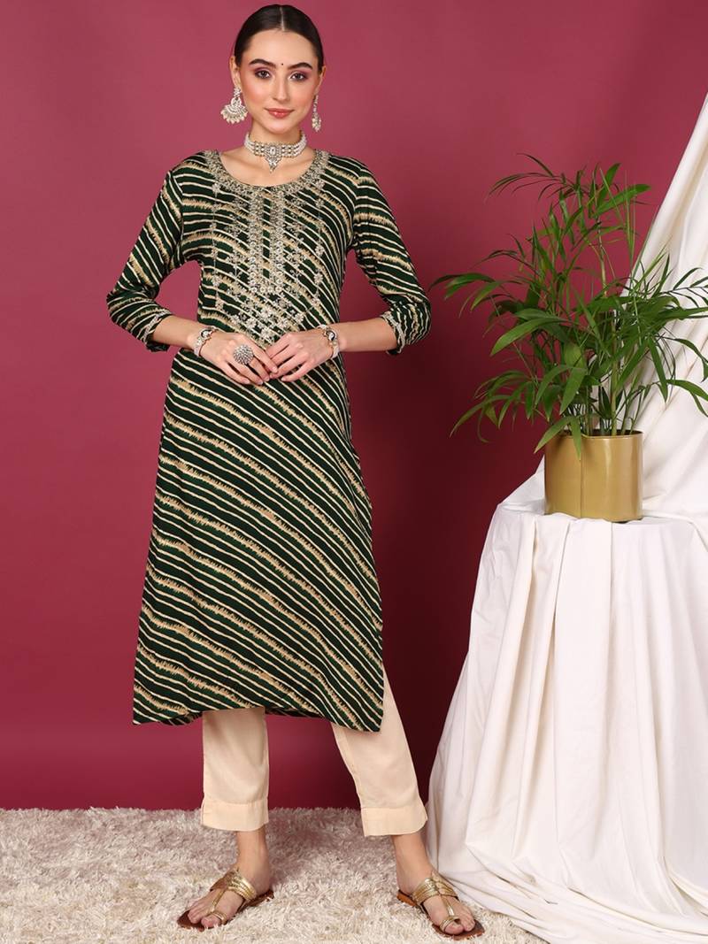 women green viscose rayon leheriya embroidered straight kurta
