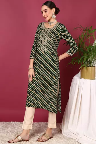 women green viscose rayon leheriya embroidered straight kurta