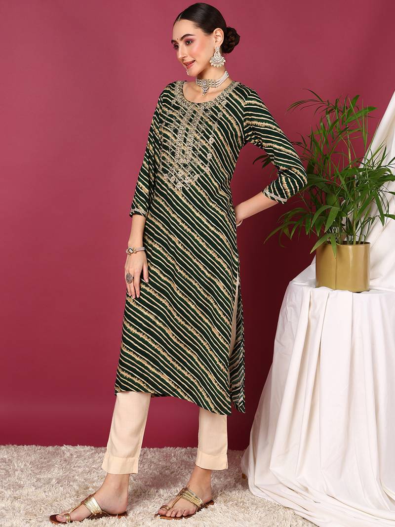 women green viscose rayon leheriya embroidered straight kurta