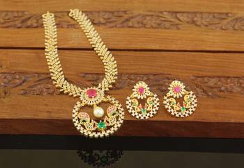 Designer gold plated cz peacock necklace set 2